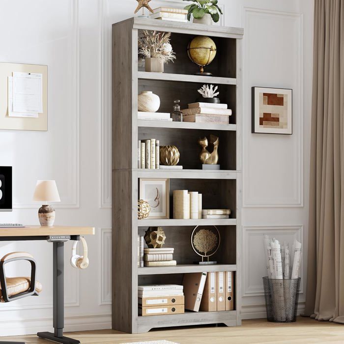 Bibliothèque farmhouse 6 étagères – 75 haut 80 cm large étagères réglables antidérapant – Gris Carlo – 6 niveaux W800