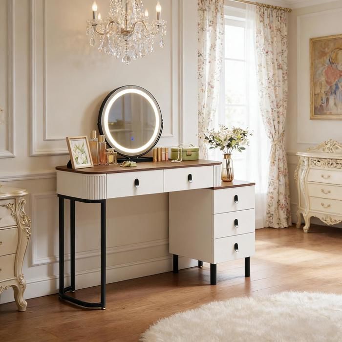 Coiffeuse - ZEVKOR - Coiffeuse 5 Tiroirs - Miroir rond LED dimmable 45 cm - Blanc & marron - 100x40x126 cm