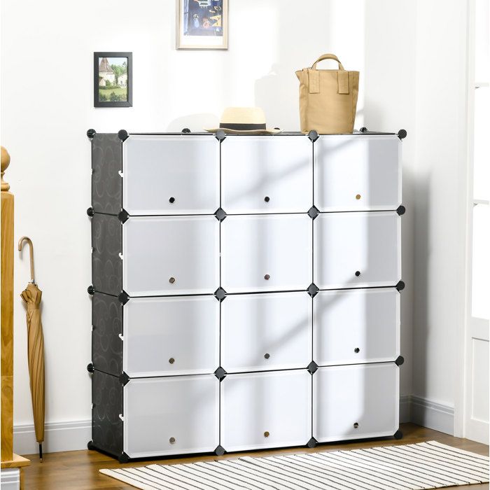 Meuble à chaussures modulable 12 cubes avec portes rangement DIY en plastique 125 x 32 x 125 cm noir FOLYNA