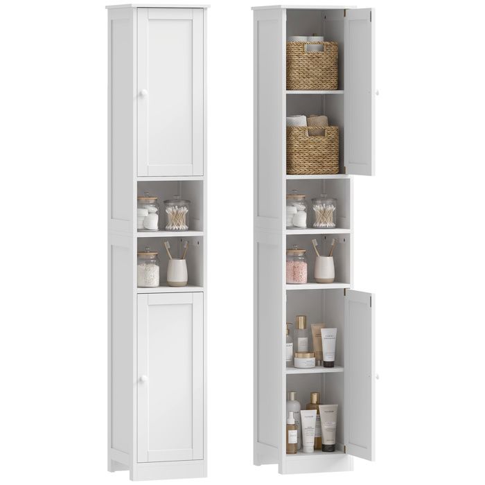 Meuble de salle de bain haut - HOMCOM - 2 portes 2 compartiments ouverts étagère réglable - bois - 30x30x170cm - blanc
