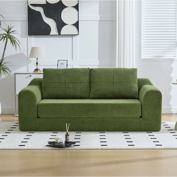 COVREO Canapé-lit de sol 2 places convertible en velours Mido vert armée 179 x 95 x 79 cm