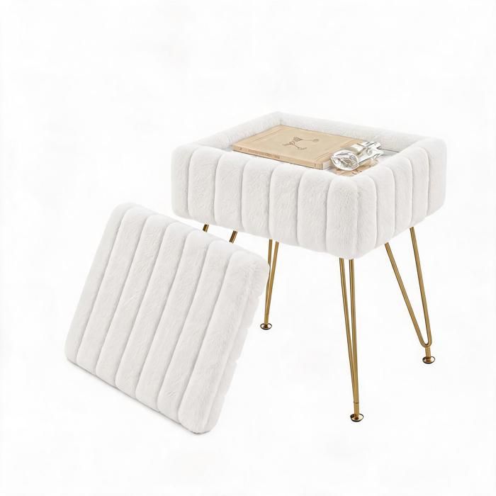 JoyGarden Pouf rangement Rabbit fur Blanc tabouret coiffeuse avec coffre caché assise rembourrée pieds dorés pour chambre