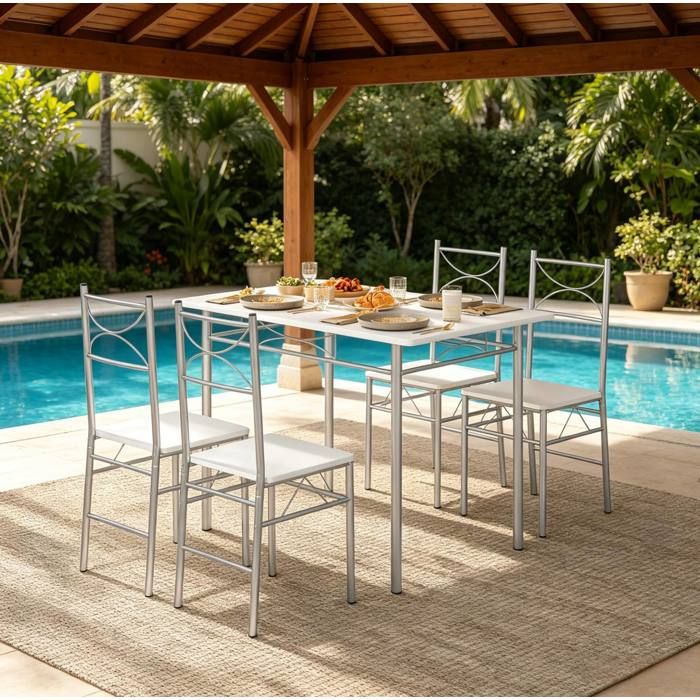 MEUVYX Table de salle à manger pour 4 personnes avec 4 chaises gain de place en MDF et fer blanc et argenté