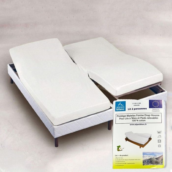 ALPES BLANC - Protège-Matelas Coton 200g 2x90x200 cm Spécial Lit Électrique - Respirant Confortable et Résistant