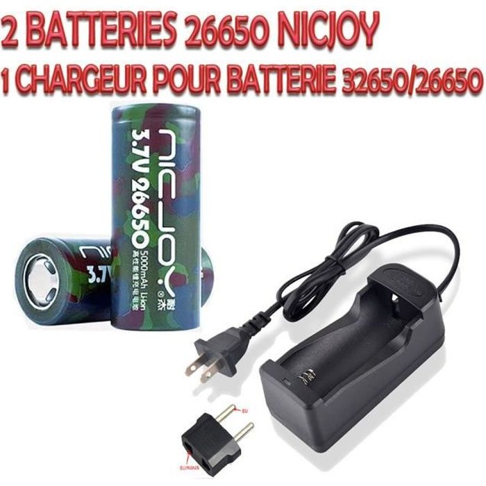 Pack de 2 piles batteries Rechargeables 26650 5000mAh + Un chargeur de voyage avec adaptateur US-EU pour Torch et Lampe