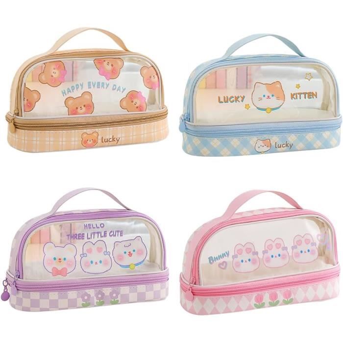 Trousse Kawaii Grande Capacité – Motif Mignon Chien/Ours/Lapin – Jusqu’à 60 Stylos – Esthétique Brun