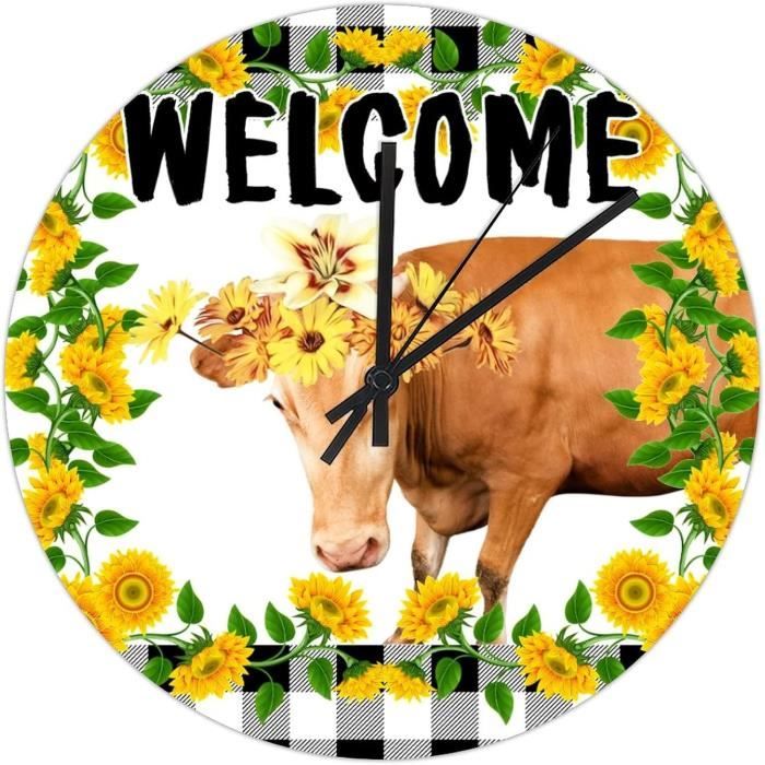 Horloge Murale Ronde En Pvc - Motif Vache Et Tournesol - 25,4 Cm