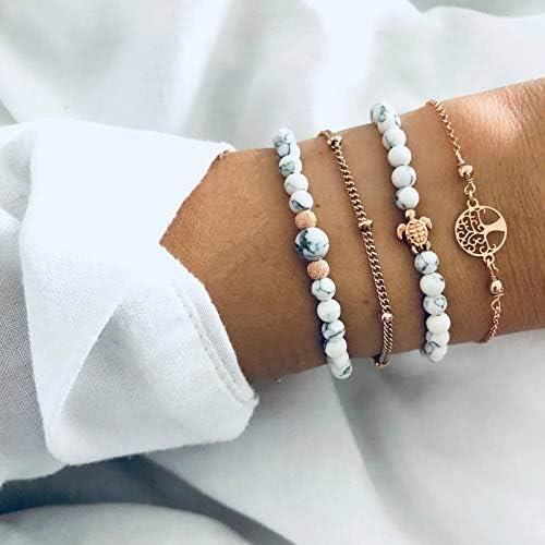 Bracelet Extensible Perles Vert Marbré Et Bois Naturel - Vintage Très Bon état