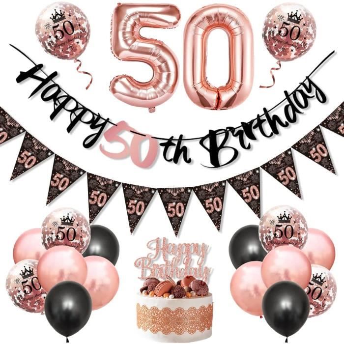 Décoration 50 Ans - Bannière 'Joyeux Anniversaire' 110x180 Cm Avec 15 Ballons | Noir Et Or