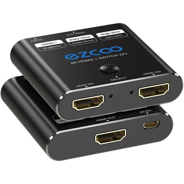 Commutateur HDMI 2.1 Switch 2x1 8K 60Hz 4K 120Hz Splitter HDMI 2 in 1 Out  CEC Arc HDCP2.2 48Gbps Switch 2 in 1 Out HDR D-olby - Cdiscount TV Son Photo