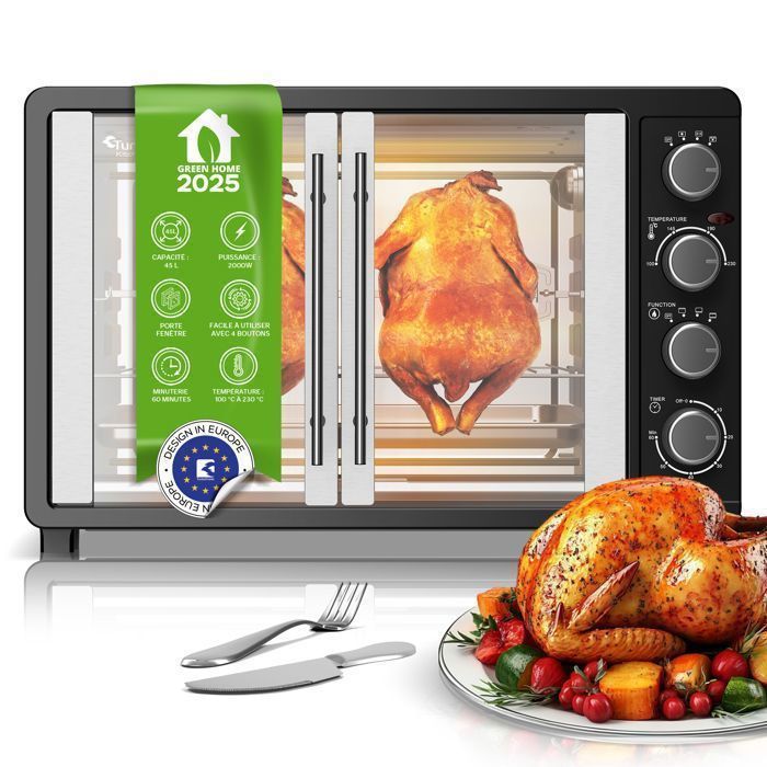 TurboTronic FEO45 - Four électrique 45 L - Four de table chaleur tournante - Mini four- Portes françaises - 2000 W - 230°C - Turbotronic