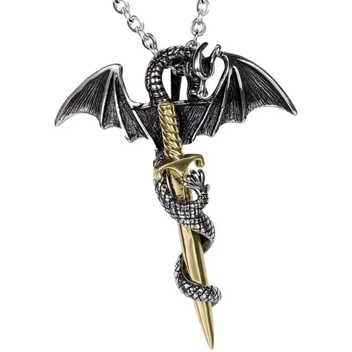 Collier Homme Dragon Épée Acier Inoxydable - Style Punk Rock Gothique - Pendentif Argenté Ou Doré