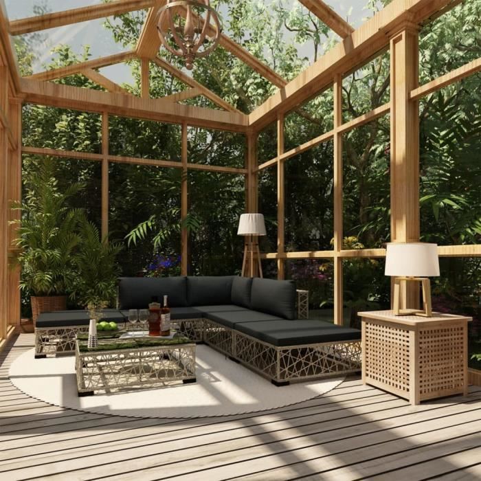 Salon de jardin - VIDAXL - 6 pcs - Résine tressée - Gris - Coussins épais - Mobilier extérieur confortable