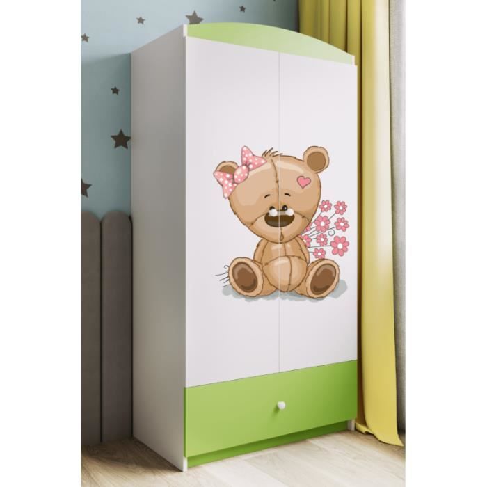 armoire enfant ourson avec fleurs 2 portes 1 tiroir de rangement - vert