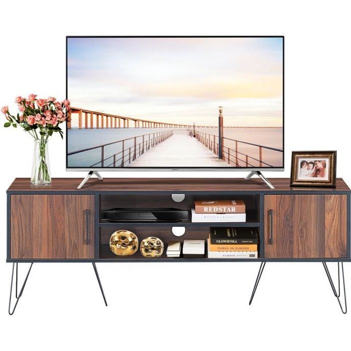 costway meuble tv avec 2 portes, pour téléviseurs jusqu'à 60", support de télévision avec étagère réglable pour salon, chambre
