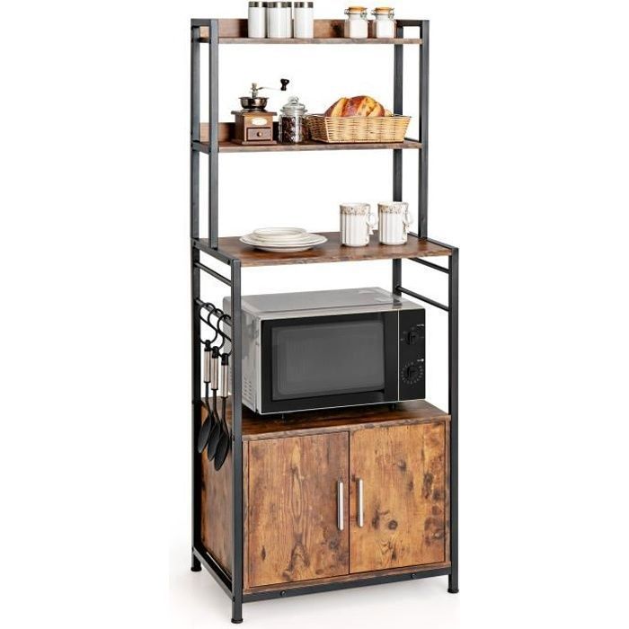 COSTWAY Étagère de Cuisine à 4 Niveaux 60 x 40 x 150 CM Desserte pour Four à Micro-ondes avec Crochets en S Style Industriel