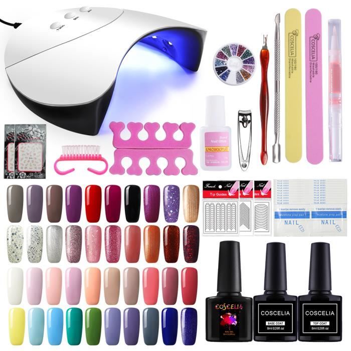 Coscelia Kit Vernis Semi Permanent 40pc Gel Uv Manucure Lampe Uv Séchoir Ongle 36w Nail Art Strass Dissolvant Huile Cuticule Sticker