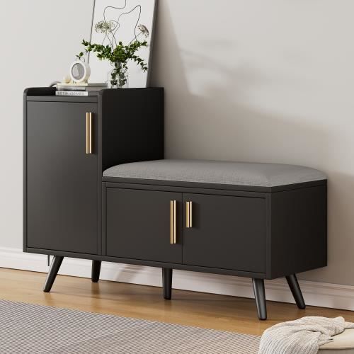 Meuble Coffre Armoire à Chaussures moderne noir dentrée et salon L100 x P40 x H58 cm espace rangement tabouret rembourrés