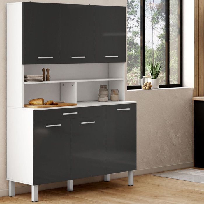 IDMARKET Buffet de cuisine 120 CM CINA 6 portes + tiroir blanc et gris brillant IDMARKET Buffet de cuisine 120 CM CINA 6 portes + tiroir blanc et gris brillant