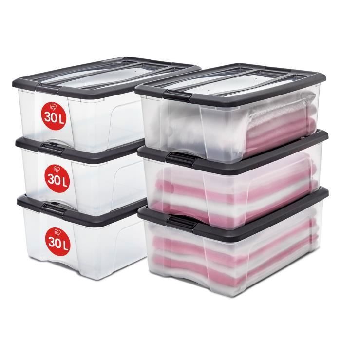 Iris Ohyama, Boîtes de rangement plastique de 30L, Lot de 3, DDNTB-30,  Transparent, Clips de fermeture- L58 x P39.5 x H21 cm