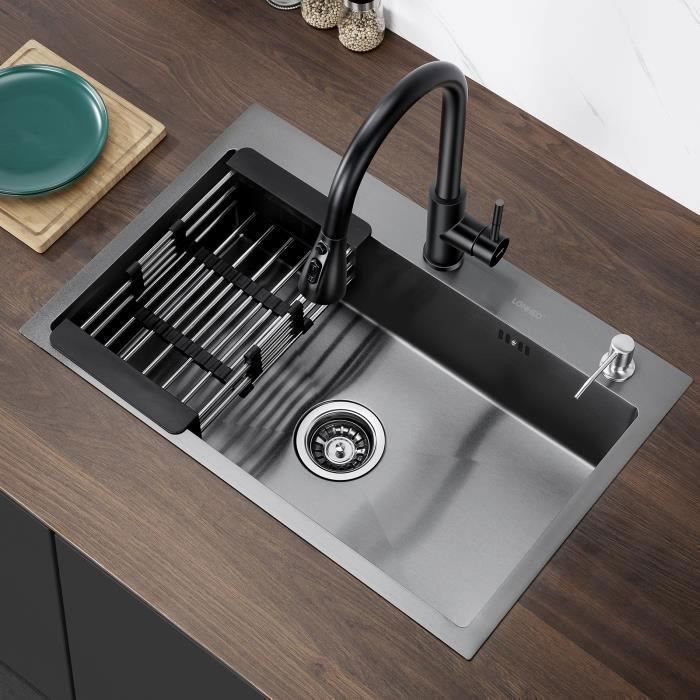 Évier de cuisine, 68 cm, évier à montage par le haut en acier inox 304