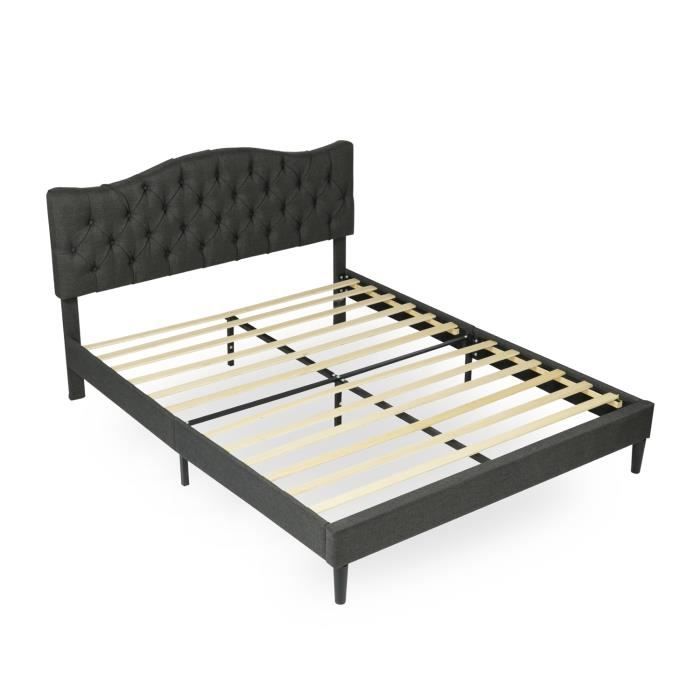 meubles cosy lit double avec tête de lit,sommier à lattes en peuplier,structure en métal,pieds en plastique,noir,gris 160 x 200cm