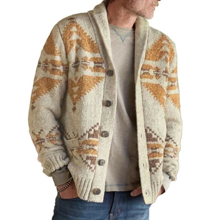 Cardigan à Manches Longues Doux Au Toucher Homme Chaud Cardigan en Maille Cardigan Tricote col Châle Revers Automne Hiver,Kaki