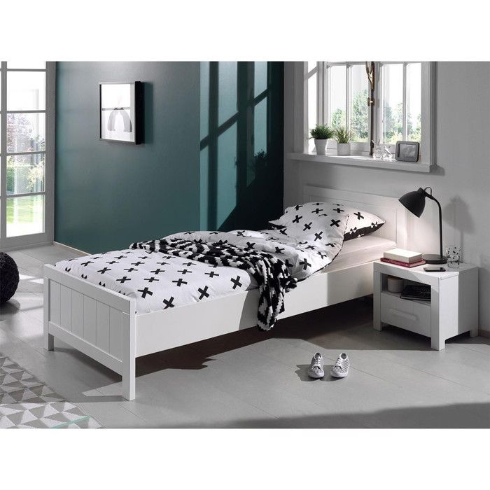 Pack - Lit Enfant Sommier & Chevet Erik 90x200cm Blanc Pack - Lit Enfant Sommier & Chevet Erik 90x200cm Blanc