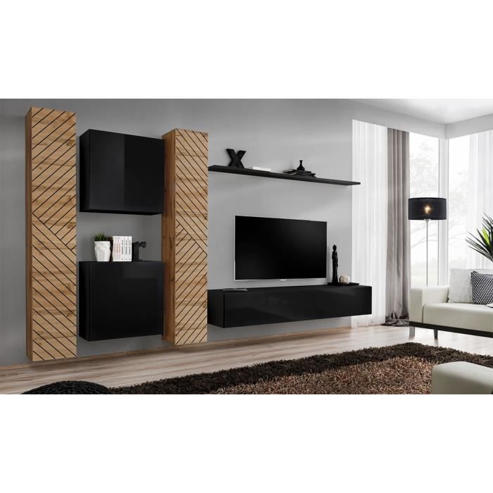 ensemble de meubles design de salon switch vi. coloris chêne et noir finition chêne effet fraisé et noires brillantes.