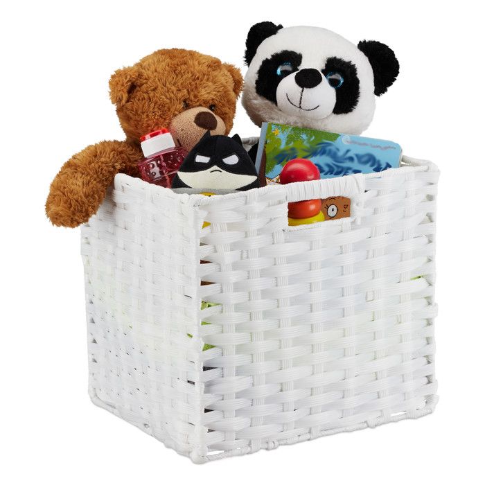 Relaxdays Corbeille de rangement plastique tressé Panier poignée étagère Organiseur vintage 31x32x30 cm blanc