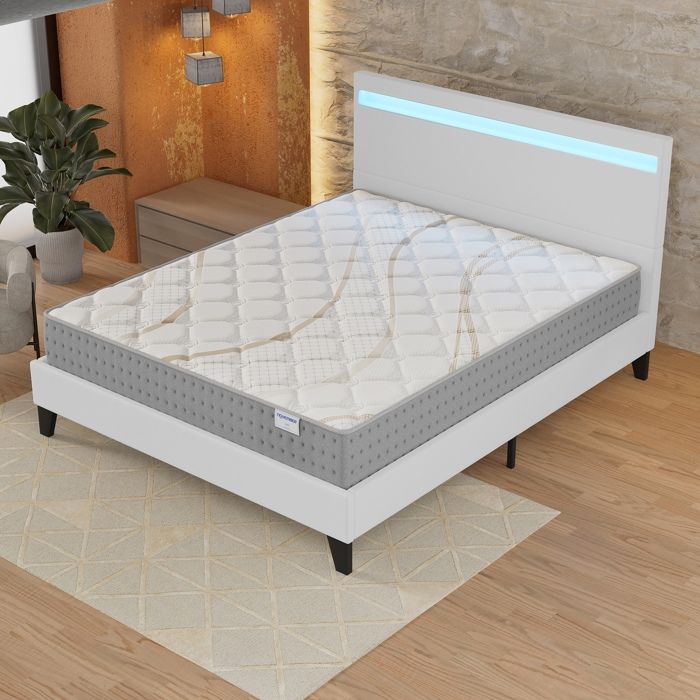 Ensemble MATELAS + LIT (140x200cm)- Essem 25cm Ressorts ensachés & Mousse HDensité + Sommier stable & tête de lit LED Blanc