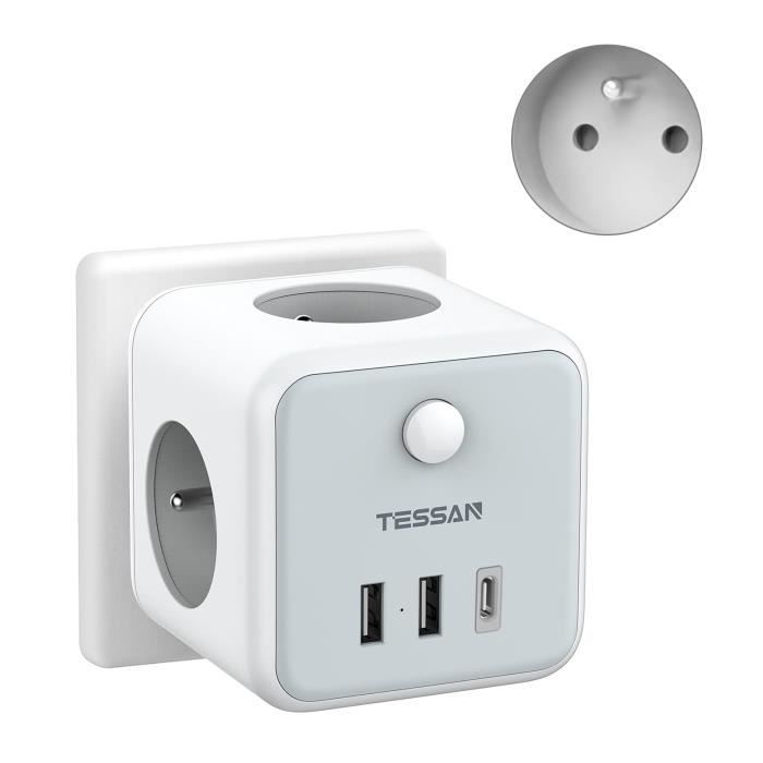 TESSAN Prise Electrique - 4 prises 16A et 3 Ports USB  (3A),Parafoudre,Interrupteur-Gris - Cdiscount Bricolage
