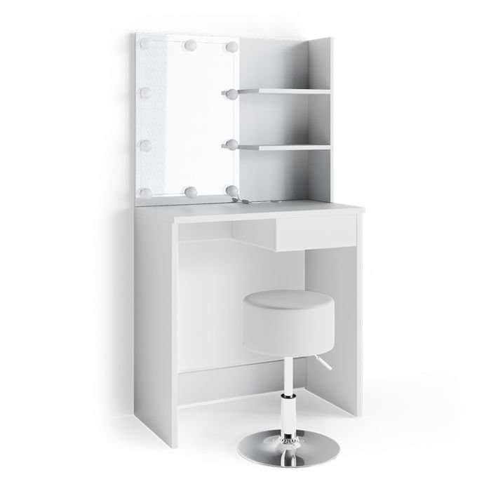 Coiffeuse Dekos Blanc 75cm Avec Miroir LED, Chargeur QI Et Tabouret Vicco