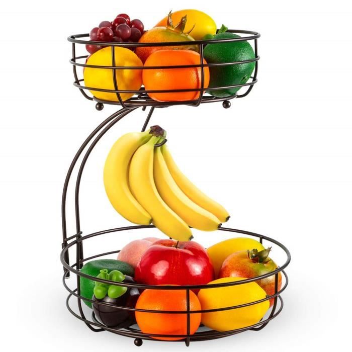 Corbeille à Fruits 2 Étages Avec Crochets Bananes – Panier Fruit Design Moderne Noir – Stockage Aéré Cuisine 2025