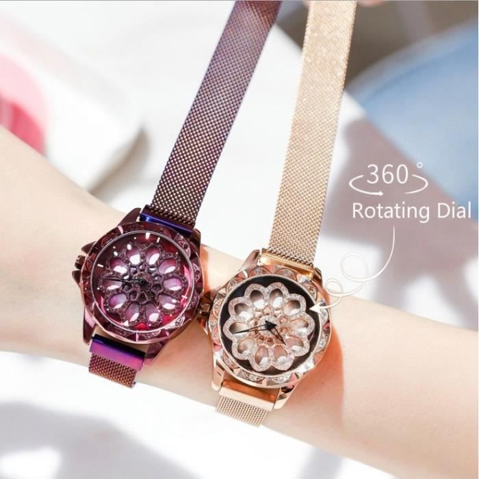 Montres Montre de marque de luxe pour femmes cadran rotatif 360 degr s en diamant maille magn tique horloge Type Argent