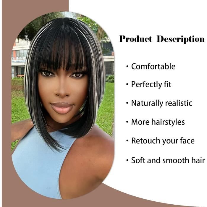 Perruque Courte Carrée Synthétique – Brun Clair, Frange, Pour Femme (30cm + Bonnet)