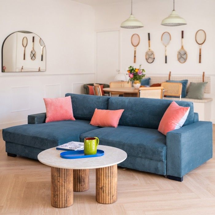 Produit similaire: Canapé d'angle à gauche convertible 3 places avec coffre en velours côtelé bleu gris - Arty