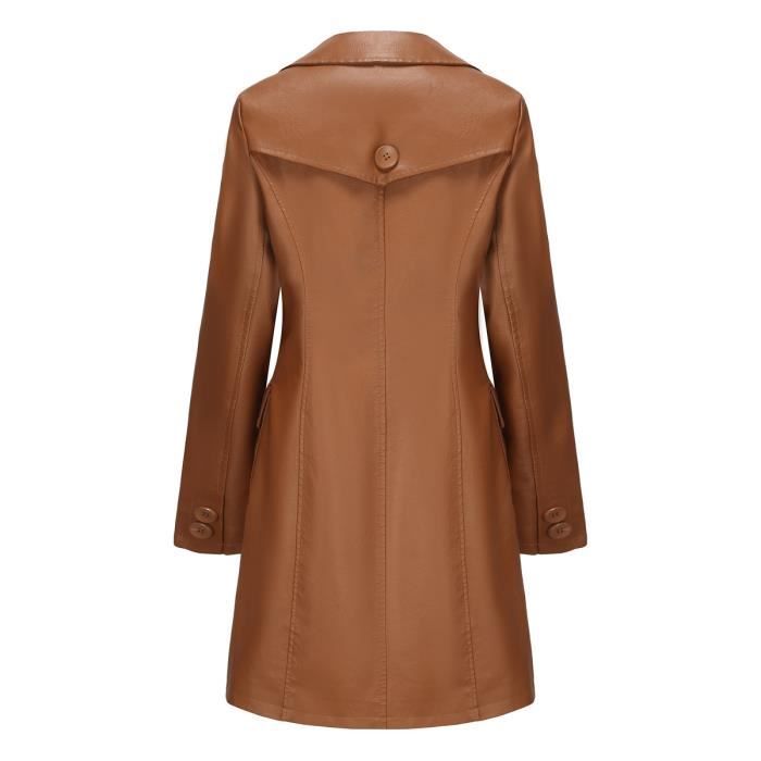 Trench-Coat Femme Mi-Long Simili Cuir Veste À Fermeture Boutonnée