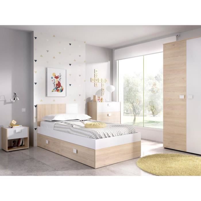 Chambre complète enfant lit gigogne 90 x 190 cm - 3 produits - Coloris :  Chêne et blanc - SONIA