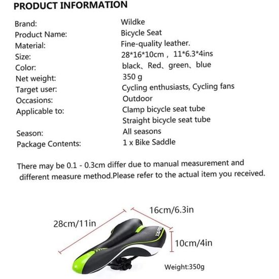 Avis / test - Siège à vélos Bicycle Selle Gel rembourré Coussin souple  respirant pour VTT Road VTT Vélo Vélo Vert - RUNFON - Prix
