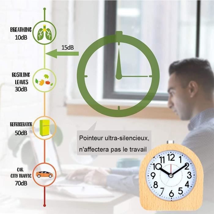 Réveil Analogique Newaner - Sans Tic-tac - Design Bois Rétro - Fonction Veilleuse Et Snooze - Piles AA