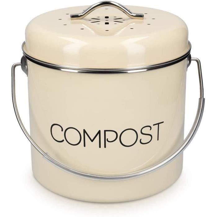 Poubelle à Compost Cuisine 3L Acier Inoxydable + Boîte Bois - Anti-Odeur Avec Couvercle, Passe Lave-Vaisselle - Bac Déchets Organiques Rétro Élégant