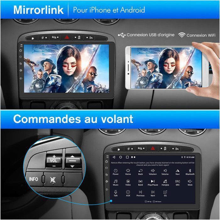 Autoradio Android Pour Peugeot 308/408 (2007-2013) – 7 Pouces, 4+64 Go, CarPlay/Android Auto Sans Fil, GPS, Caméra
