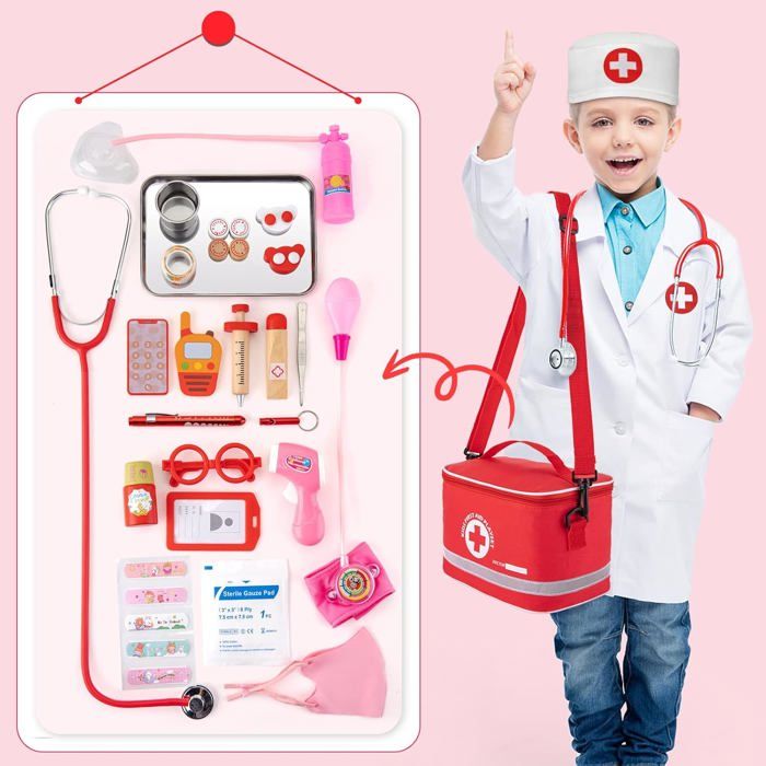 HOTUT Mallette Docteur Enfant 25 Pièces – Kit Déguisement Médecin Avec Vrai Stéthoscope, Thermomètre, Blouse Et Sac De Transport, Pour 3-5 Ans, Bleu