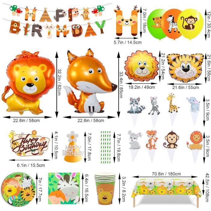 Kit Anniversaire Jungle Animaux - 52 Pièces Vaisselle Jetable, Nappe, Banderole Pour Fête Enfant Fille Garçon