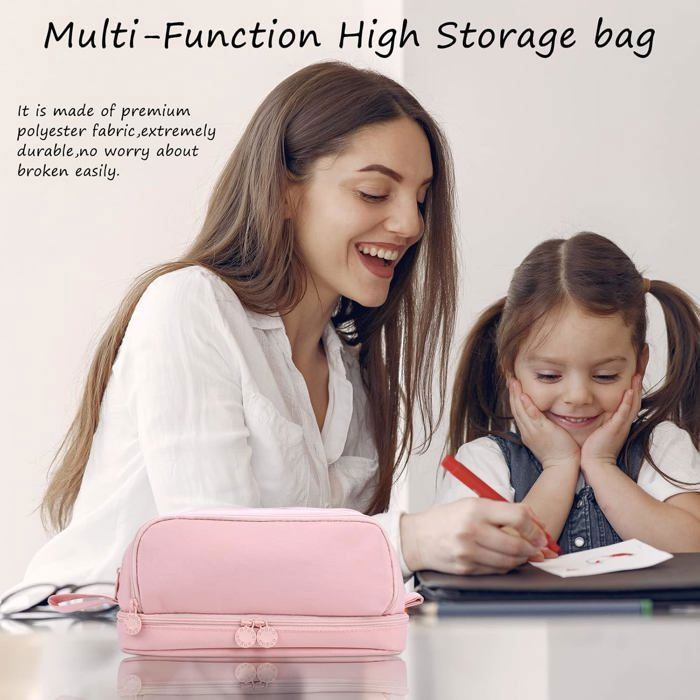 Trousse Scolaire Grande Capacité 4 Compartiments - Toile Verte, Patchs Décoratifs, Pour Fille, école Ou Maquillage