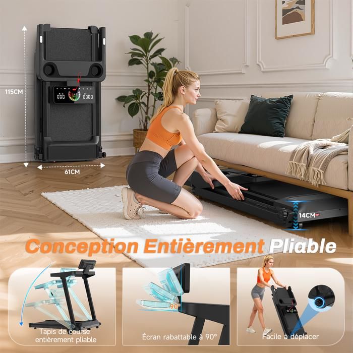 Tapis De Course Pliable Avec Inclinaison 10%, 12 Km/h – Accoudoirs, Télécommande Et Appli