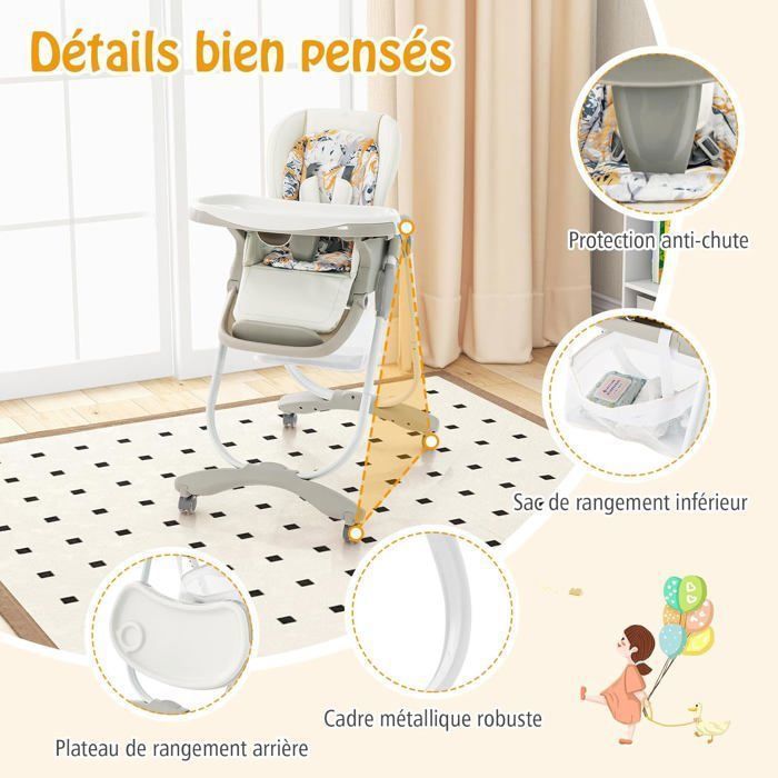 Chaise Haute Bébé Convertible Et Pliante – 7 Hauteurs, 3 Inclinaisons, Plateau Réglable – Jusqu’à 15 Kg (6-36 Mois) – Beige