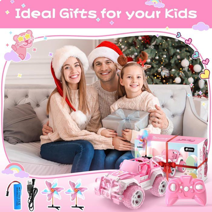 Joellfuner – Voiture Télécommandée Tout Terrain 1:18 – Jeep Cabriolet Rose – Phares LED – Avec Autocollants Diamant – Cadeau Pour Filles 6-12 Ans