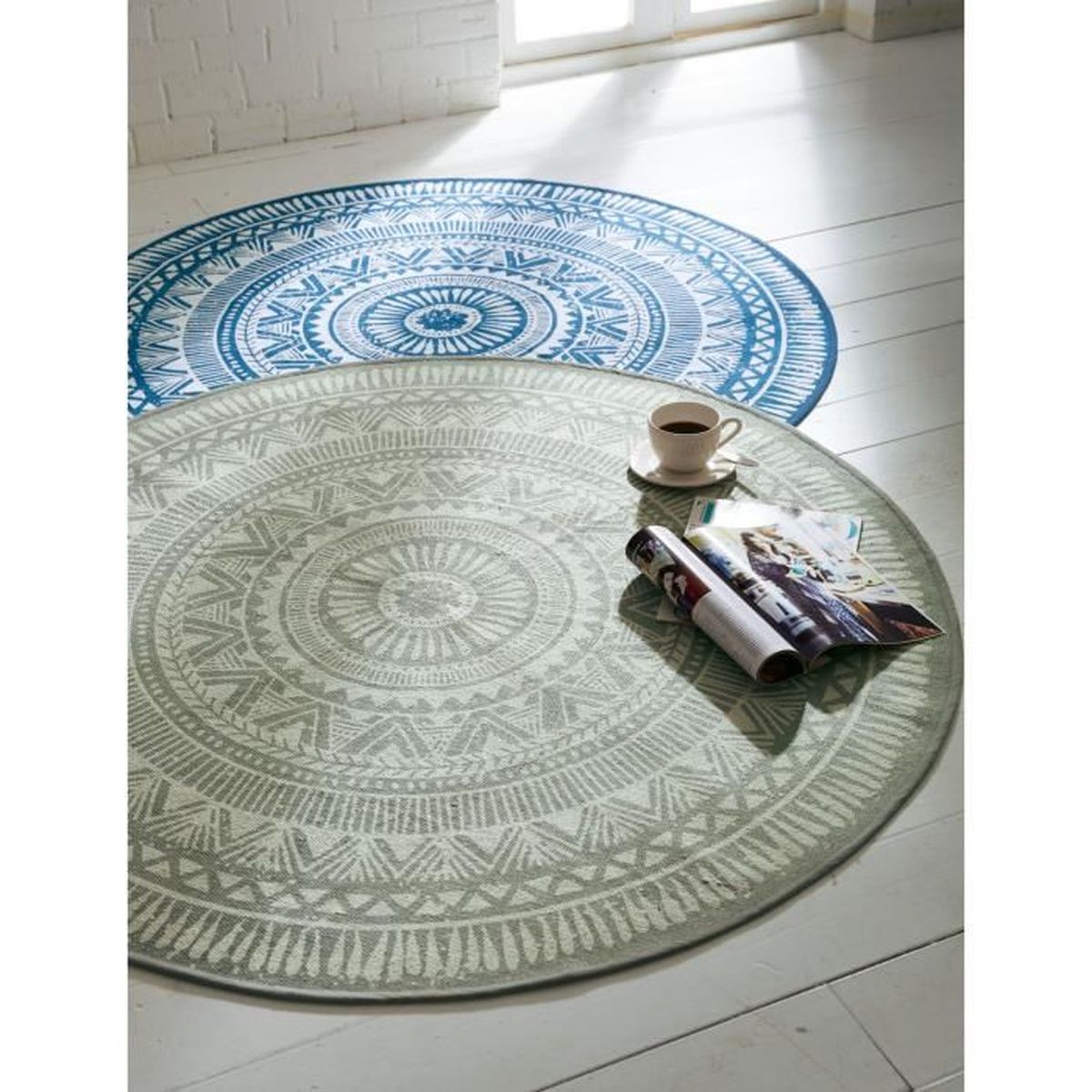 Pureday Tapis Rond 100 Coton Gris Et Blanc à Motifs
